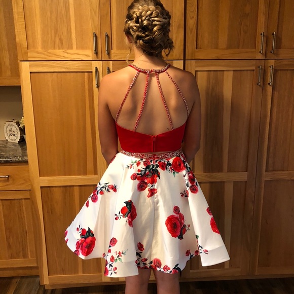 Two Piece Red with Floral Homecoming Dress - Picture 2 of 3